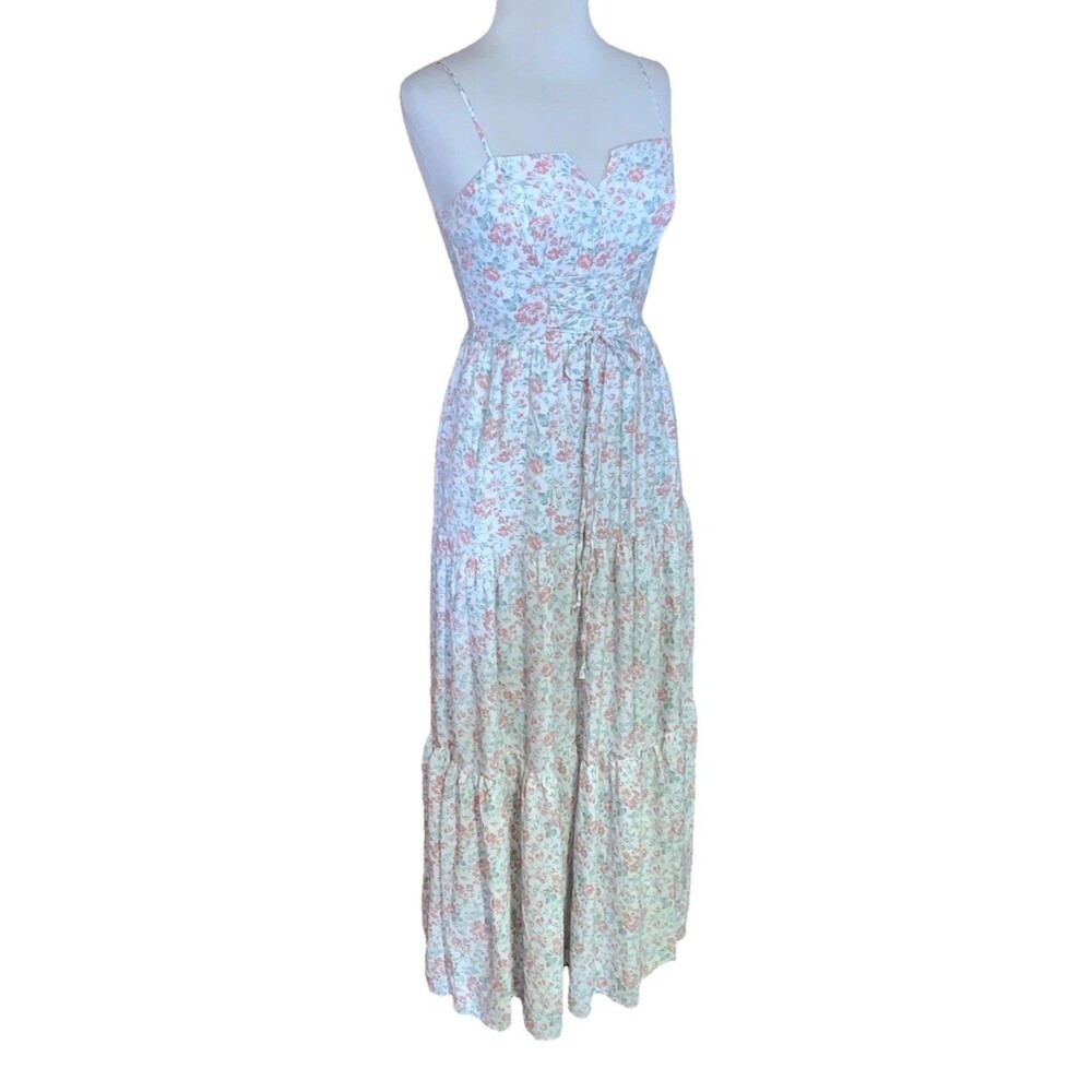 Floral Maxi Laceup Corset Dress Cottagecore Milkmaid Audrey Parks Small Pink